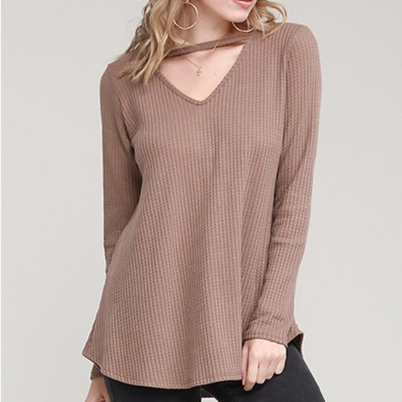 Mocha Pointed-Hem Choker-Cutout Tunic - Picture 1 of 5